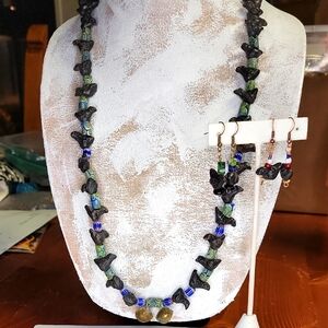Vintage Black Bird Carved Pottery Necklace Earrings Folk Art Oaxaca Mexico 28"